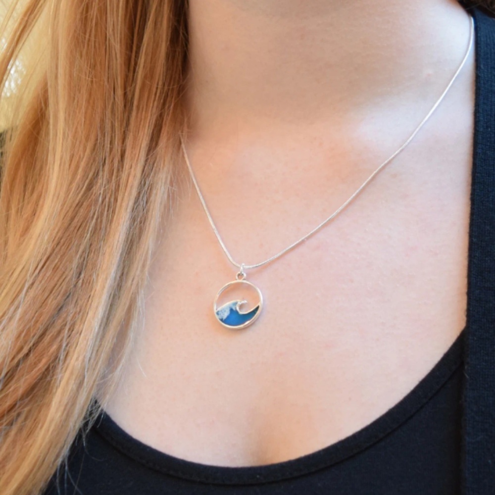 Handmade Ocean Wave Resin Necklace, Silver Plated 20 in. Snake Chain  / NIB
